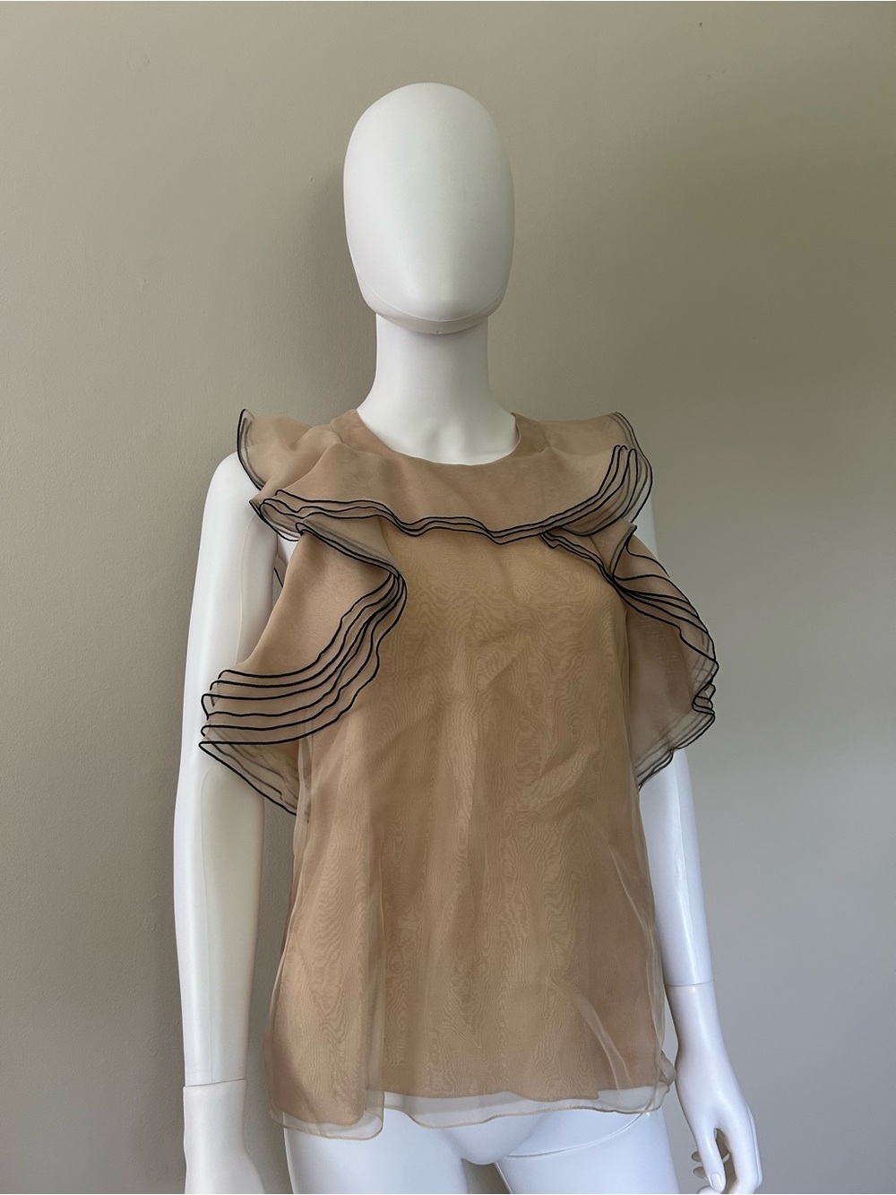Chloe 100% Silk Ruffle Sleeveless Blouse Nude Beige Black Trim FR 36